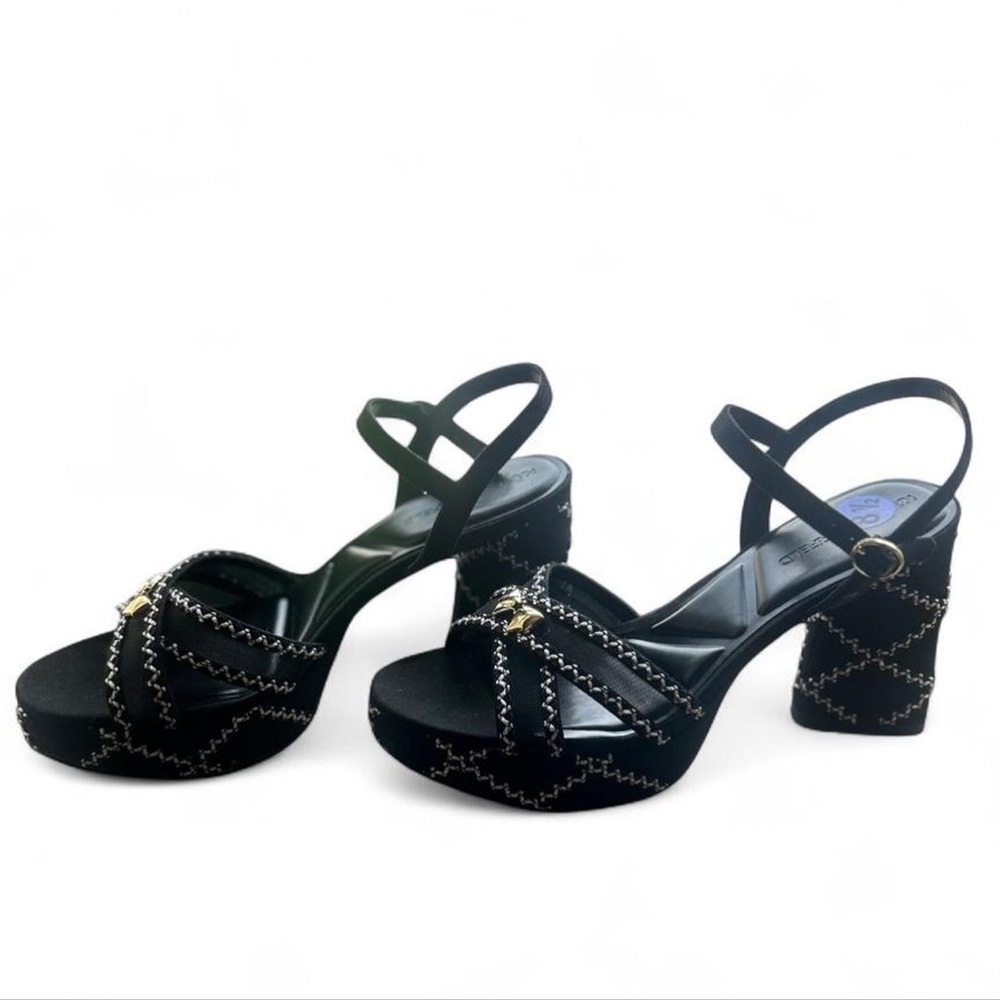 New Karl Lagerfeld Black Platform Heels with Gold Bow Detail